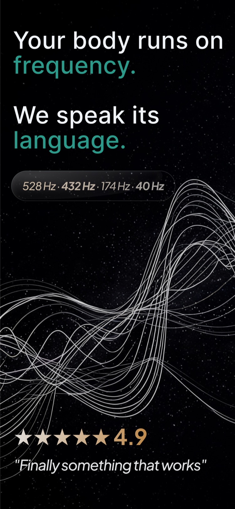 Your body runs on frequency — Sounda's healing tones at 528, 432, 174 and 40 Hz, rated 4.9 stars